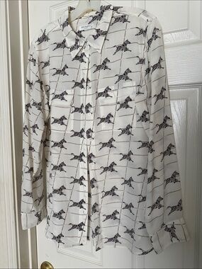Equipment White Silk Button-Up Shirt with Black Zebra Print